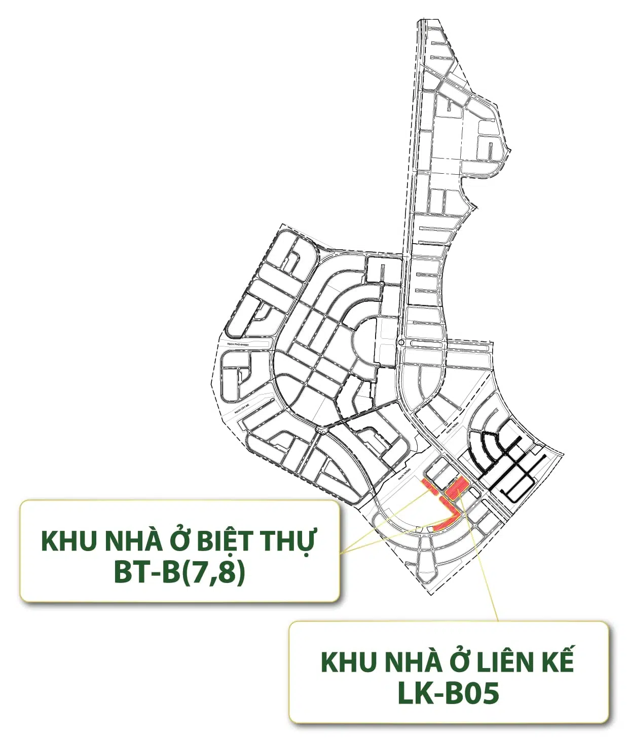 Vị trí của liền kề LK-B05 và biệt thự BT-B(7,8) Khu đô thị sinh thái Chánh Mỹ